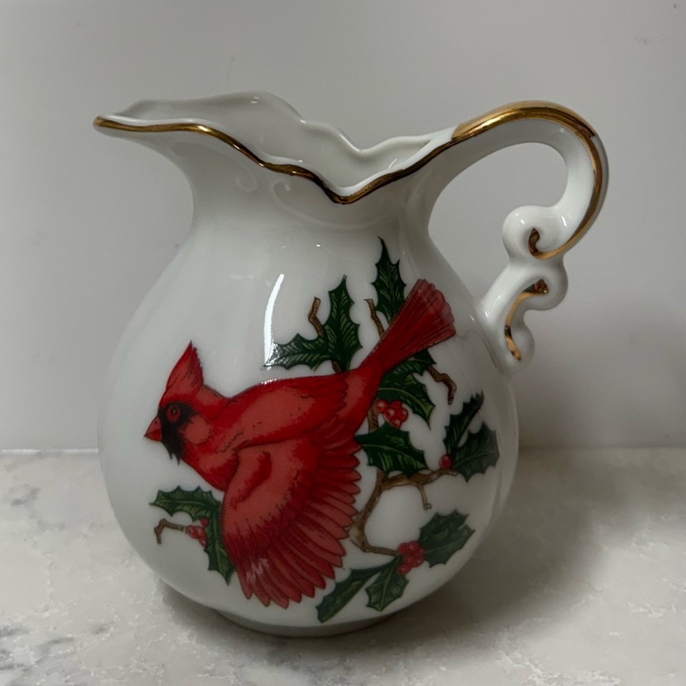 Vintage Lefton White and Gold Porcelain Creamer with Cardinal Christmas